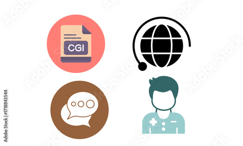 A collection of four circular icons representing CGI, global communication, chat, and a medical professional.