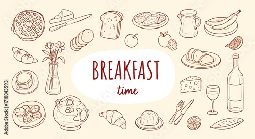 Delicious breakfast time outlined design with waffles, cheese, croissants, coffee, and more for restaurant menus, recipe cards, and creative breakfast promotions