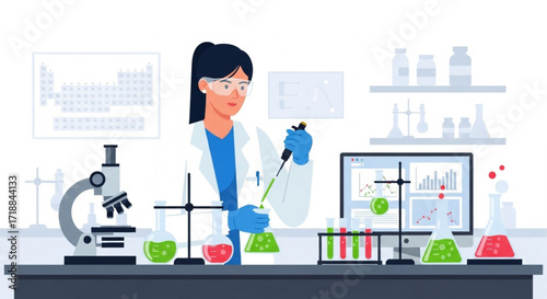 A female scientist conducting research in a well-equipped laboratory, using equipment.