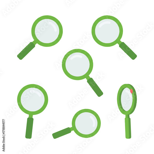 Magnifying Glasses Collection vector style Green handles White lenses Various angles Search concept high quality professional