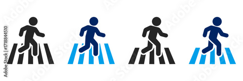 Pedestrian crossing or crosswalk icon showing person walking on zebra stripes, ideal for road safety, traffic signs, transport, and navigation designs.