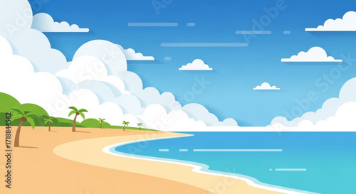 A vibrant cartoon illustration of a sunny beach scene with fluffy clouds and palm trees.