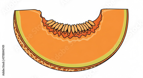 A juicy cantaloupe slice, showing seeds and rind detail, isolated on white.