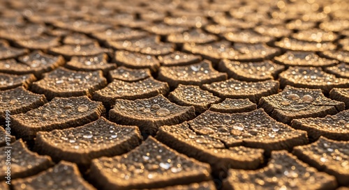 Dry cracked earth texture with water droplets close up landscape