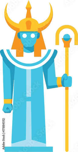Blue egyptian god with staff and horns vector illustration