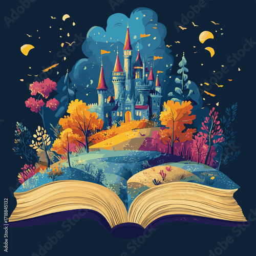 Fantasy castle on open book illustration watercolor style , vector style simple color