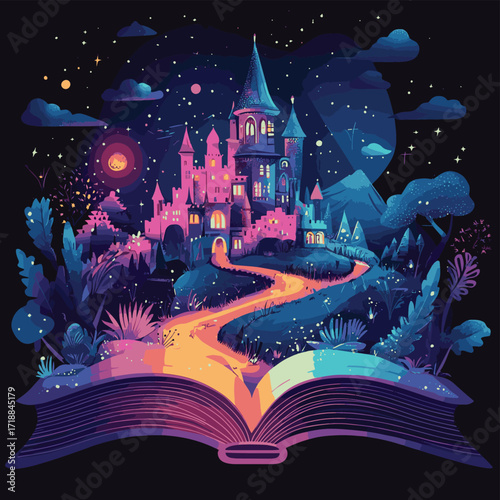 Fantasy castle on open book illustration watercolor style , vector style simple color