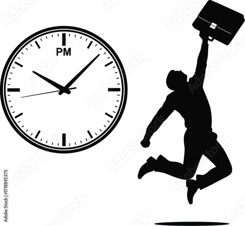 Time freedom businessman jumping silhouette achievement clock