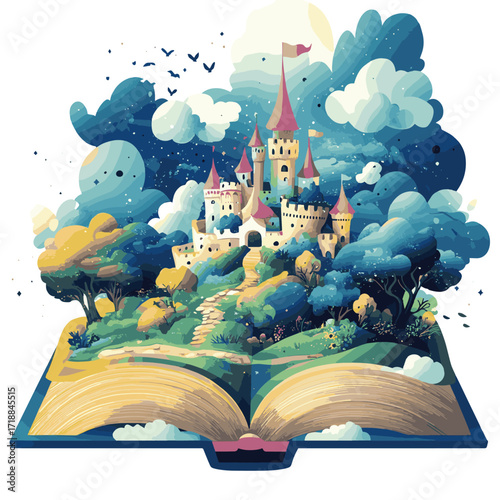 Fantasy castle on open book illustration watercolor style , vector style simple color