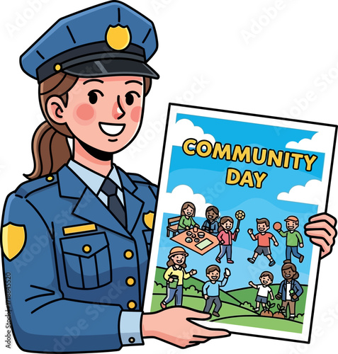 police officer inviting to community day fun cartoon illustration, isolated on transparent background