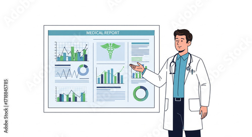 Doctor presenting medical data on a whiteboard filled with graphs and charts.