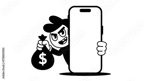 Cybercriminal Character Stealing Money from a Smartphone