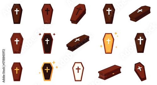 Collection of coffins vector flat different styles and colors halloween death concept high quality professional