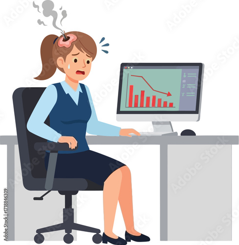 Stressed burnout woman at desk with falling graph on screen