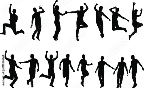 Silhouette of men jumping and dancing with joy, celebrating freedom, energy, movement, fitness, happiness, teamwork, active lifestyle, and success concept