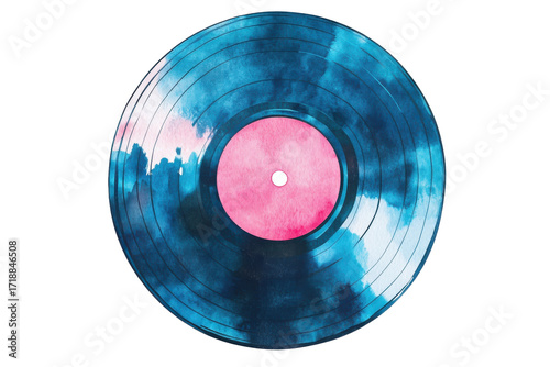 Abstract blue and pink vinyl record isolated on transparent background. Watercolor vinyl record with a pink label featuring a vintage and nostalgic design isolated on white background.