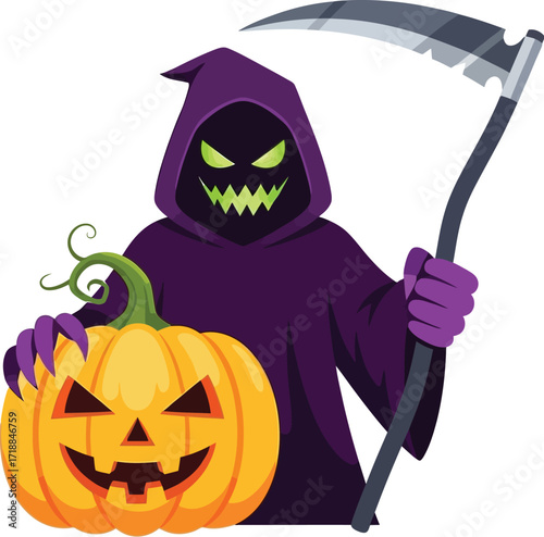 Grim reaper holding halloween pumpkin scary vector art