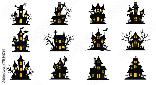 Spooky haunted houses silhouettes collection halloween night creepy atmosphere high quality professional