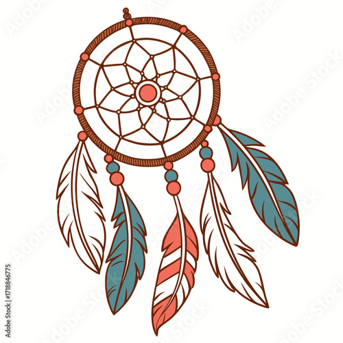 A beautifully illustrated dream catcher with intricate web design adorned with colorful feathers and beads symbolizing protection and good dreams