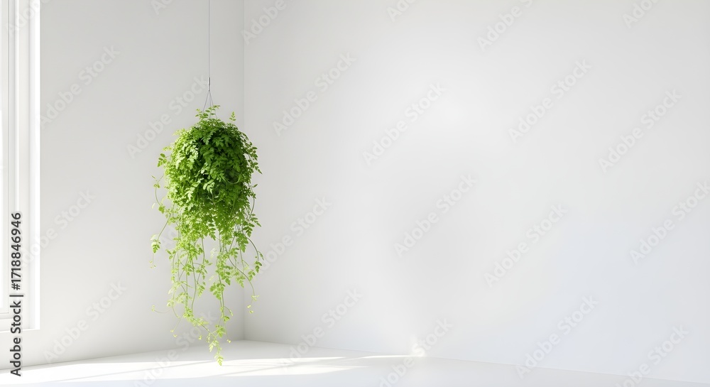 Fototapeta premium A vibrant green hanging plant flourishes in the corner of a bright white room, creating a fresh, minimalist, and modern atmosphere perfect for design inspiration and home decor.