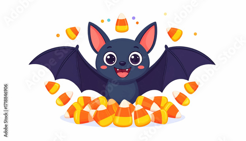 Adorable cartoon bat with wide wings smiles happily, surrounded by a festive pile of colorful candy corn, perfect for Halloween celebrations and sweet seasonal fun