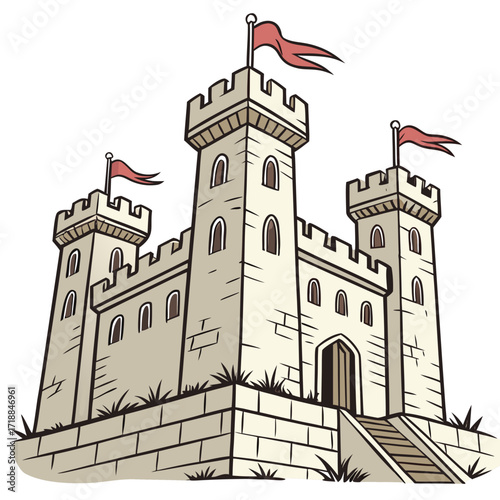 A charming cartoon illustration of a medieval stone castle with red flags atop its towers and battlements set against a white background