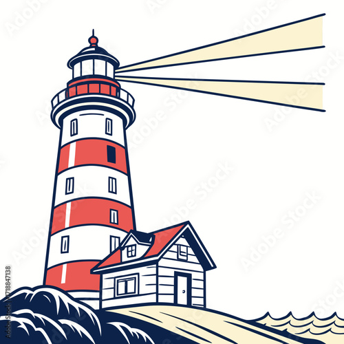 A classic red and white striped lighthouse stands tall on a rocky shore next to a small keeper s house with light beams shining out