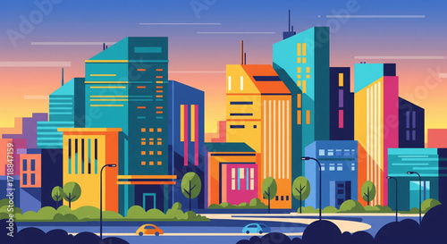 Colorful cityscape illustration featuring various buildings under a bright, gradient sky with cars on the road.