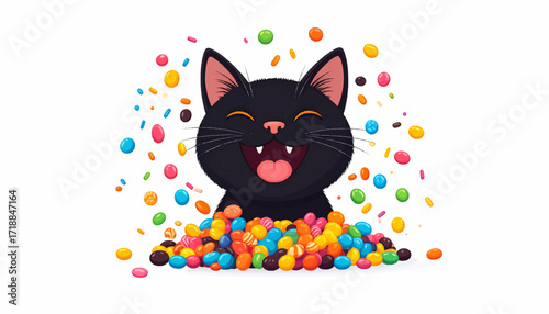 A very happy and excited black cat is jumping out of a pile of colorful jelly beans and confetti, with a big smile and wide-open eyes, celebrating a fun moment