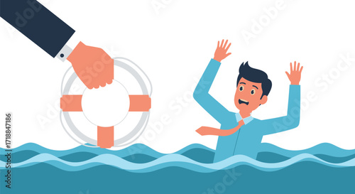 Businessman drowning help rescue support lifebuoy assistance