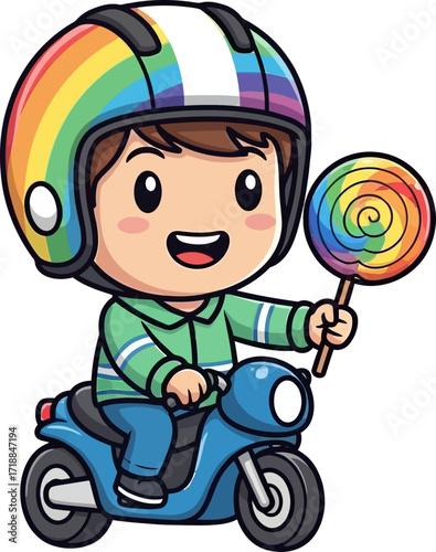 rainbow rider a whimsical child on a scooter, isolated on transparent background