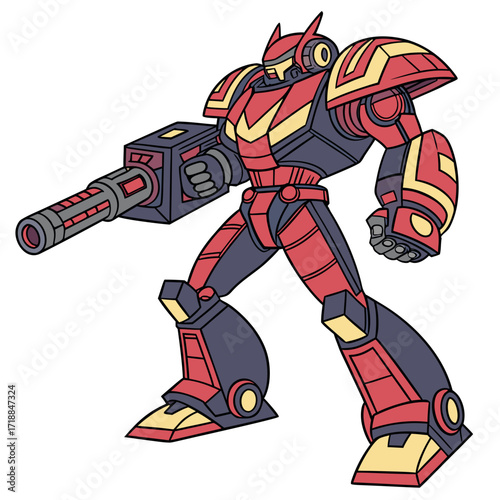 A fierce red and yellow robot warrior with a large gun is standing ready for battle against an enemy in a futuristic war