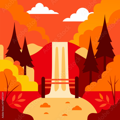 Majestic waterfall autumn forest vibrant fall colors red and orange foliage wooden footbridge vector landscape background.