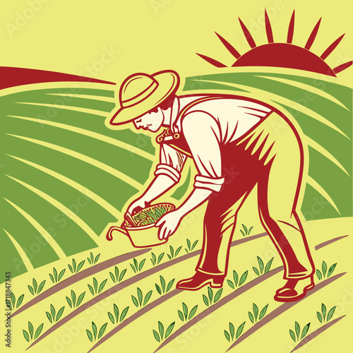 A farmer wearing overalls and a hat tends to young plants in a field under a rising sun in a stylized illustration