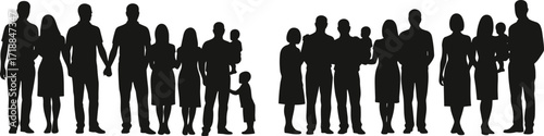 Silhouette of diverse family members standing together, parents and children holding hands, black vector illustration for community, unity, relationship, parenting, support themes