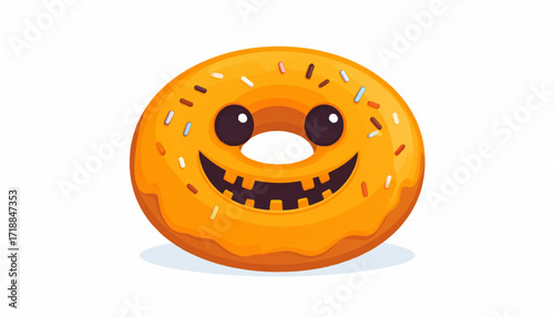 Adorable jack-o-lantern donut character with orange glaze and colorful sprinkles, a sweet and spooky Halloween treat concept isolated on a white background