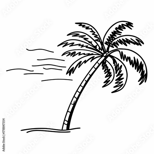 A hand drawn black and white sketch of a solitary palm tree bending in the wind on a sandy shore with stylized waves in the background