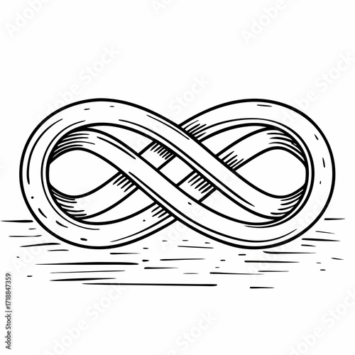 A hand drawn black and white sketch of a stylized infinity symbol with a textured shaded appearance resting on a surface with sketched lines