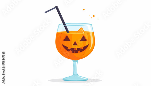Festive Halloween Cocktail with a Spooky Pumpkin Face and Straw