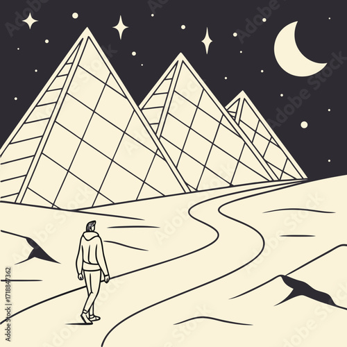 A lone figure walks a winding path towards modern glass pyramids under a starry night sky with a crescent moon