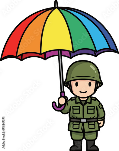 rainbow umbrella soldier a hopeful cartoon illustration, isolated on transparent background
