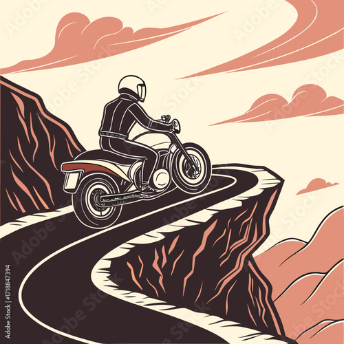 A lone motorcyclist wearing a helmet and leather suit rides a motorcycle on a winding road along a cliff edge with dramatic clouds in the sky