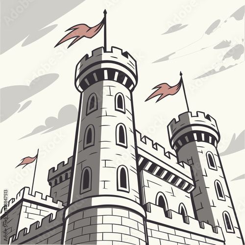 A majestic medieval stone castle with crenellated battlements and tall towers flying red flags against a cloudy sky in a stylized illustration