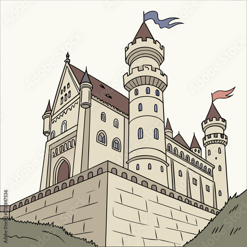 A majestic medieval castle with tall towers and flags flying high against a light background illustrated in a charming cartoon style