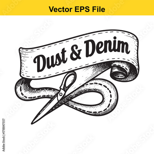 Vector art of vintage ribbon with scissors and text dust denim
