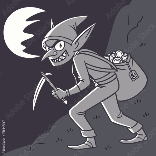 A mischievous goblin with pointy ears and a long nose sneaks through the night carrying a sack full of coins and a pickaxe