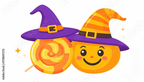 Happy Halloween orange pumpkin character wearing a witch hat and a swirl lollipop in a cheerful and festive design for the holiday season