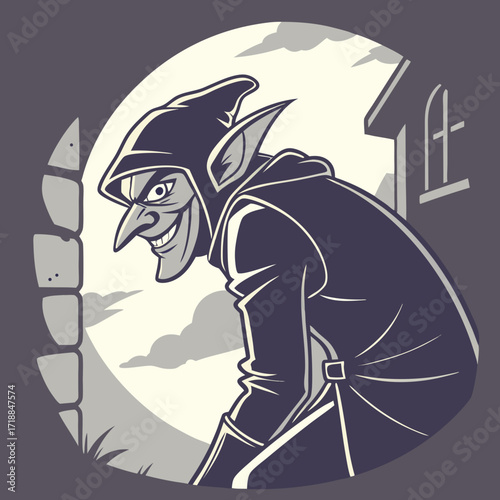 A mischievous cartoon goblin with pointed ears and a sinister grin peeks out from behind a stone wall under a cloudy moonlit sky
