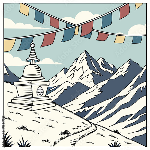 A serene mountain landscape with a buddhist stupa and colorful prayer flags fluttering against a backdrop of snow capped peaks and a cloudy sky