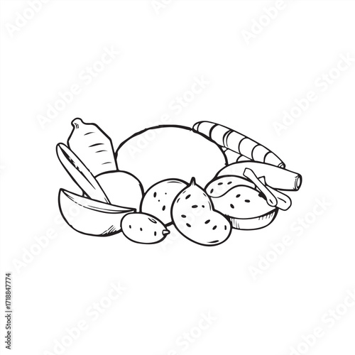 A hand-drawn, classic black and white vector silhouette of Turkish food, presented with rough lines and textured pencil strokes on a clean white background.